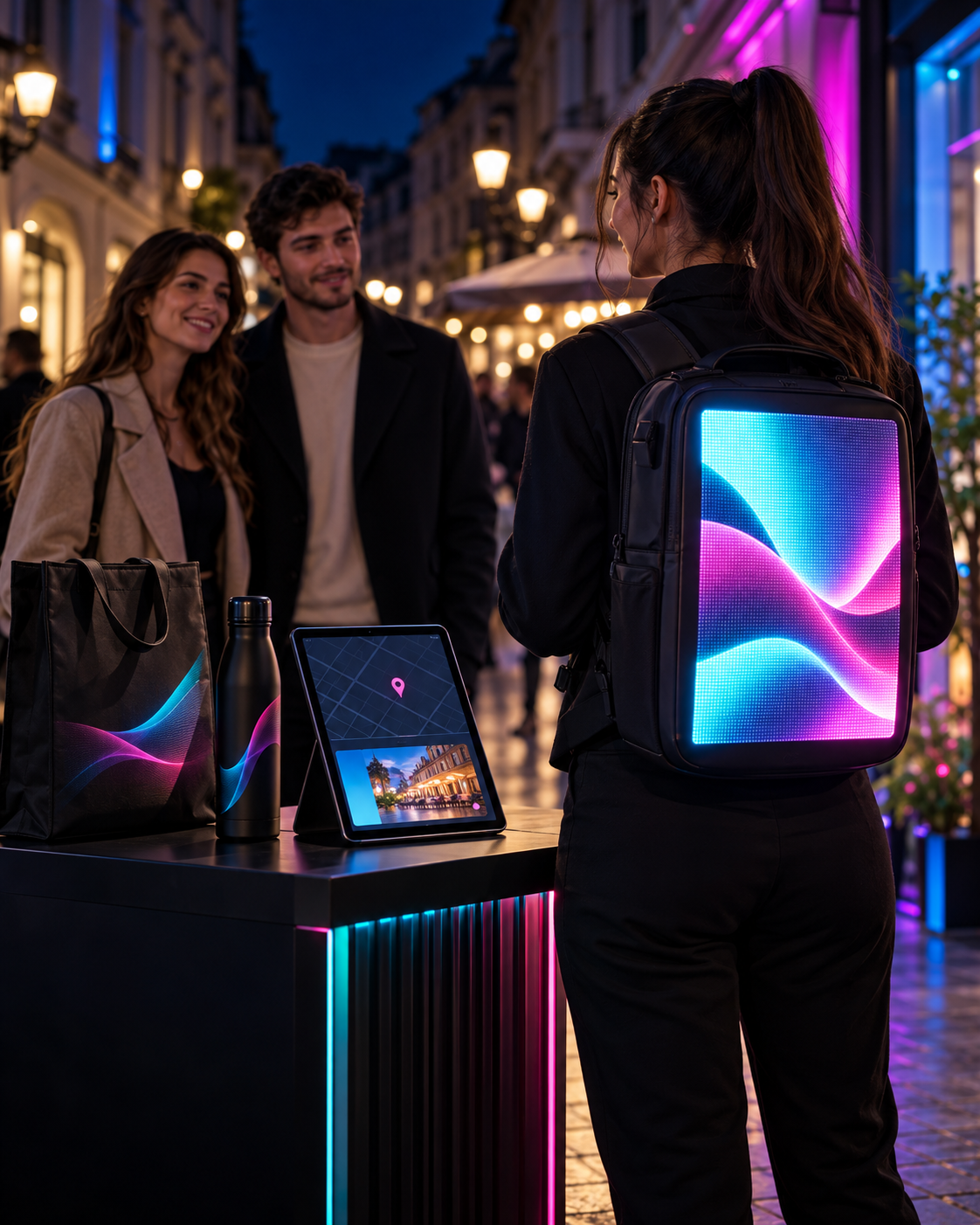 Illustrative PutMeOn concept: a promoter with an LED backpack meets the public, with gadgets and a digital presence in an urban scene